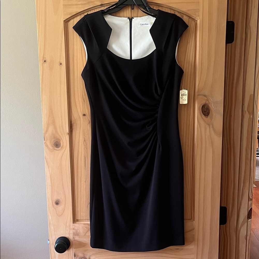 NWT Calvin Klein Black Midi Sheath Dress with Gathered Side Detail